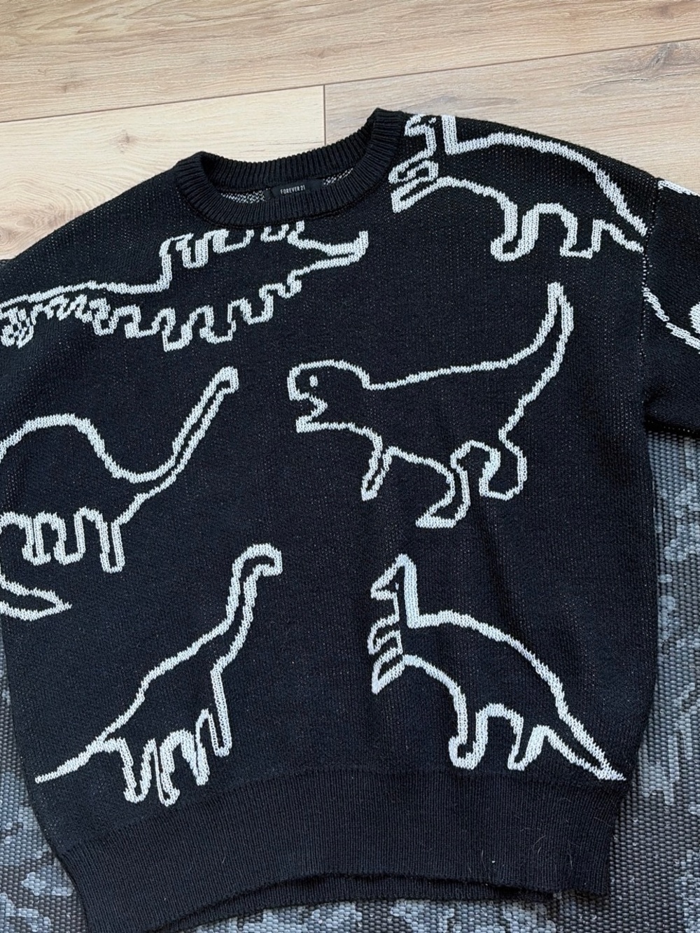 Forever 21 Black Crewneck Sweater with White Dinosaur Motif